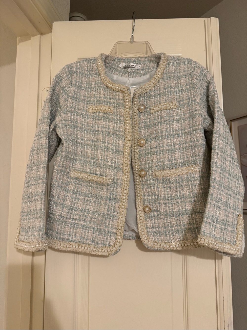 Pastel Tweed Pearl-Button Blazer